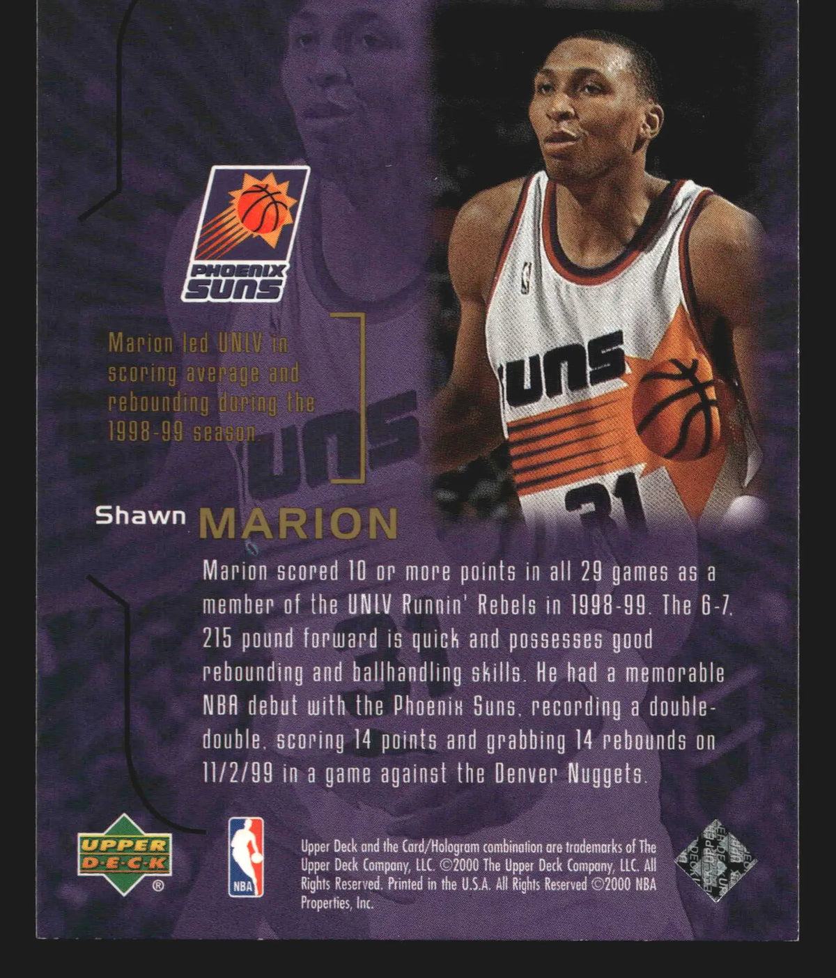 1999-00 UD Gold Reserve Gold Strike Shawn Marion #GS12 Suns RC - Basketball Card Single