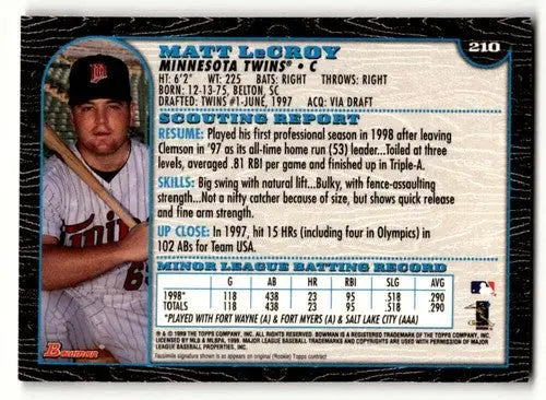 1999 Bowman #210 Matt LeCroy Minnesota Twins Baseball Cards EX/NM ID:59495 - Baseball Card Single