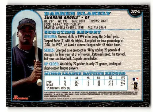 Original gloss Darren Blakely Anaheim Angels baseball card 1999 Bowman #374
