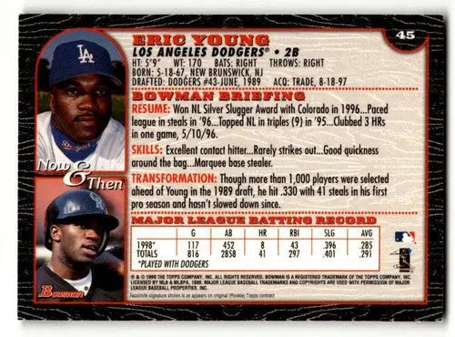 Original gloss of Eric Young Los Angeles Dodgers baseball card from 1999 Bowman