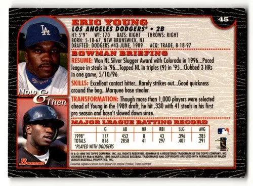 Eric Young Los Angeles Dodgers baseball card from 1999 Bowman #45 in EX/NM condition