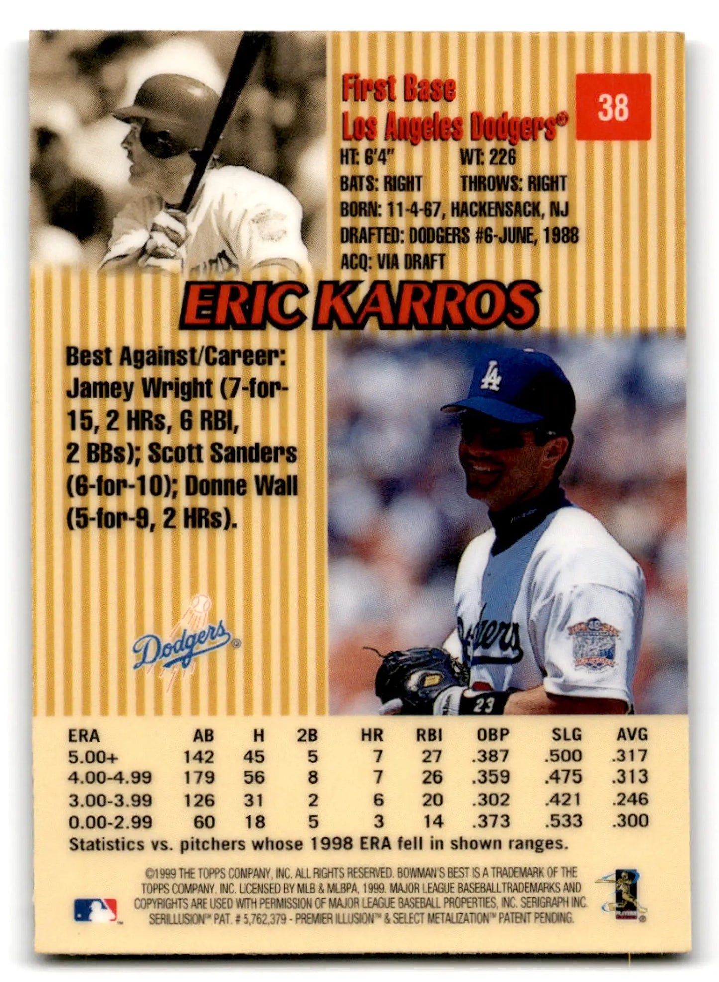 Back of a vintage 1999 Bowman Baseball’s Best Eric Karros Los Angeles Dodgers card