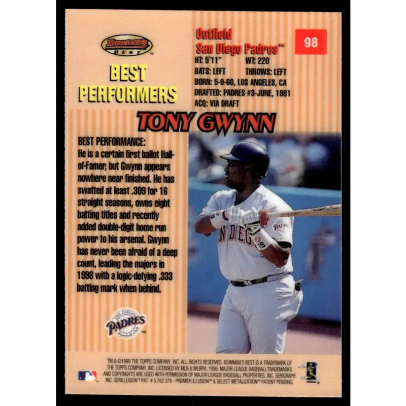 1999 Bowman’s Best #98 Tony Gwynn NM/MT San Diego Padres Baseball Card - Baseball Card Single