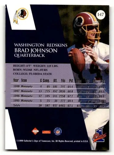 Back of 1999 Collector’s Edge First Place Brad Johnson Washington football card with career stats