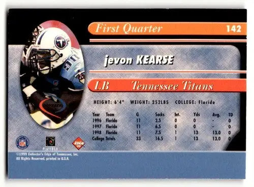 Back of a Jevon Kearse Red Tennessee Titans football card with college stats