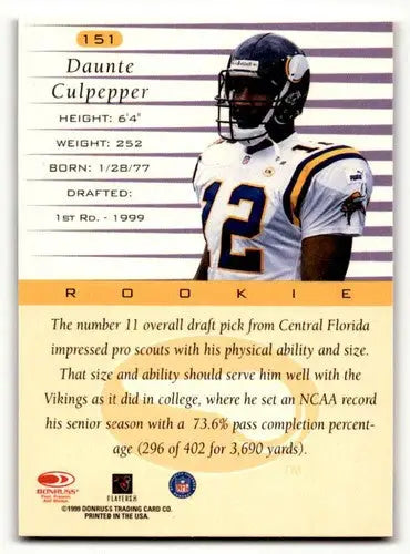 Original gloss Daunte Culpepper rookie card Minnesota Vikings football card 1999 Donruss