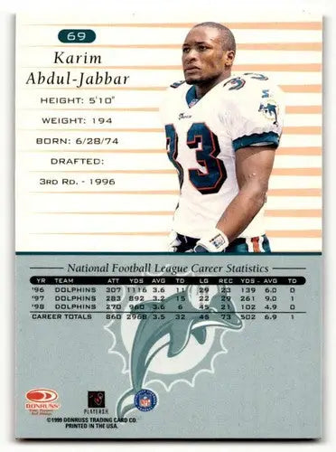Original gloss of Karim Abdul-Jabbar Miami Dolphins football card from 1999 Donruss series