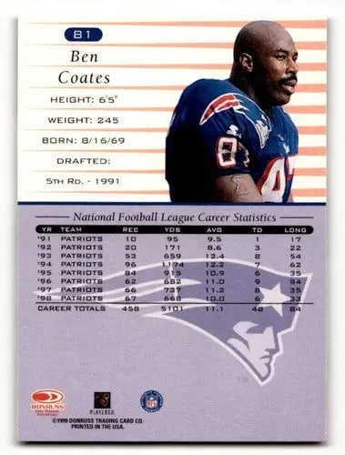 Original gloss Ben Coates Patriots football card from 1999 Donruss product