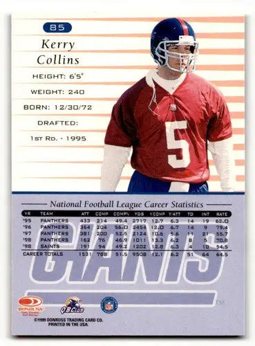 Kerry Collins Giants football card from 1999 Donruss series, excellent for Giants football cards collection