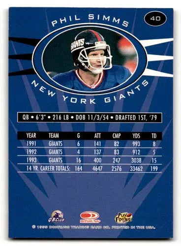 Original gloss 1999 Donruss Preferred QBC Phil Simms football card for New York Giants