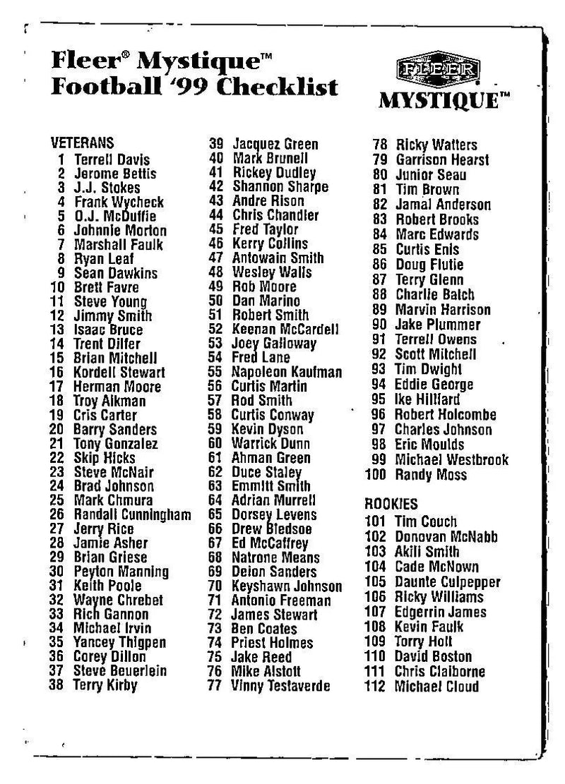 1999 Fleer Mystique #NNO Checklist - Other