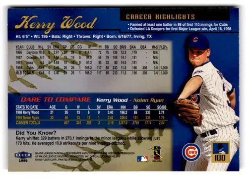 1999 Fleer Ultra #100 Kerry Wood NM-MT Cubs ID:73256 - Baseball Card Single