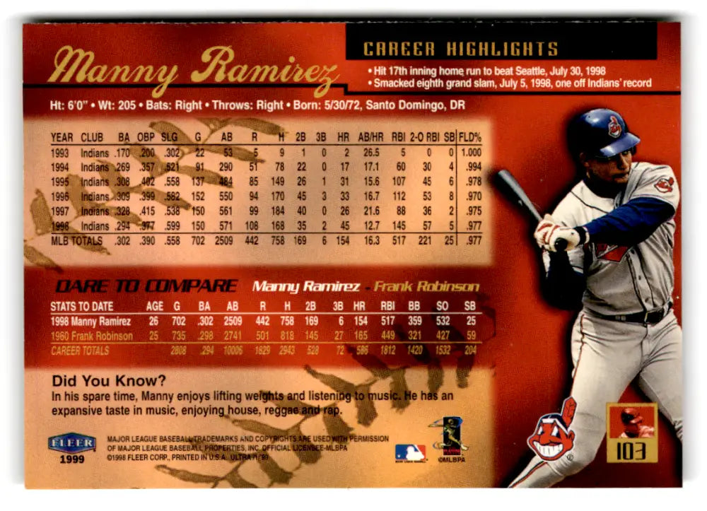 1999 Fleer Ultra #103 Manny Ramirez NM-MT Indians ID:81202 - Baseball Card Single