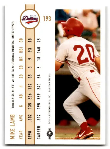 Baseball card back of 1999 Just Mike Lamb featuring original gloss and Simply Sandoval