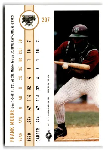 Back of a 1999 Just Frank Moore NM-MT baseball trading card with original gloss