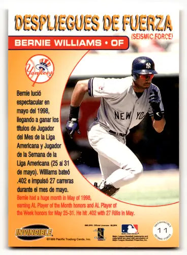 1999 Pacific Invincible Seismic Force #11 Bernie Williams NM Near Mint ID:64127 - Baseball Card Single