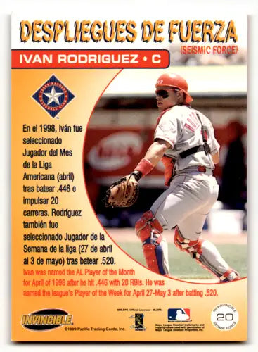 1999 Pacific Invincible Seismic Force #20 Ivan Rodriguez NM Near Mint R ID:64171 - Baseball Card Single