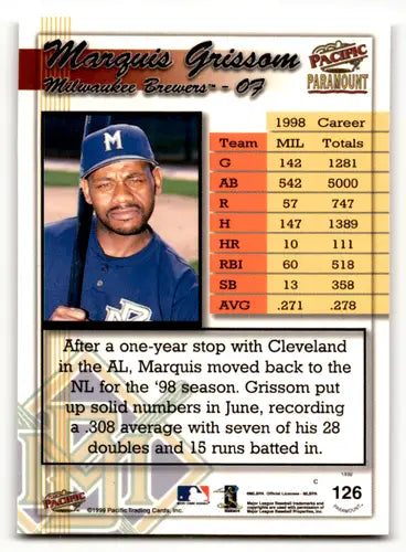 1999 Pacific Paramount Holo-Gold #126 Marquis Grissom NM-MT 103/199 Bre ID:60617 - Baseball Card Single