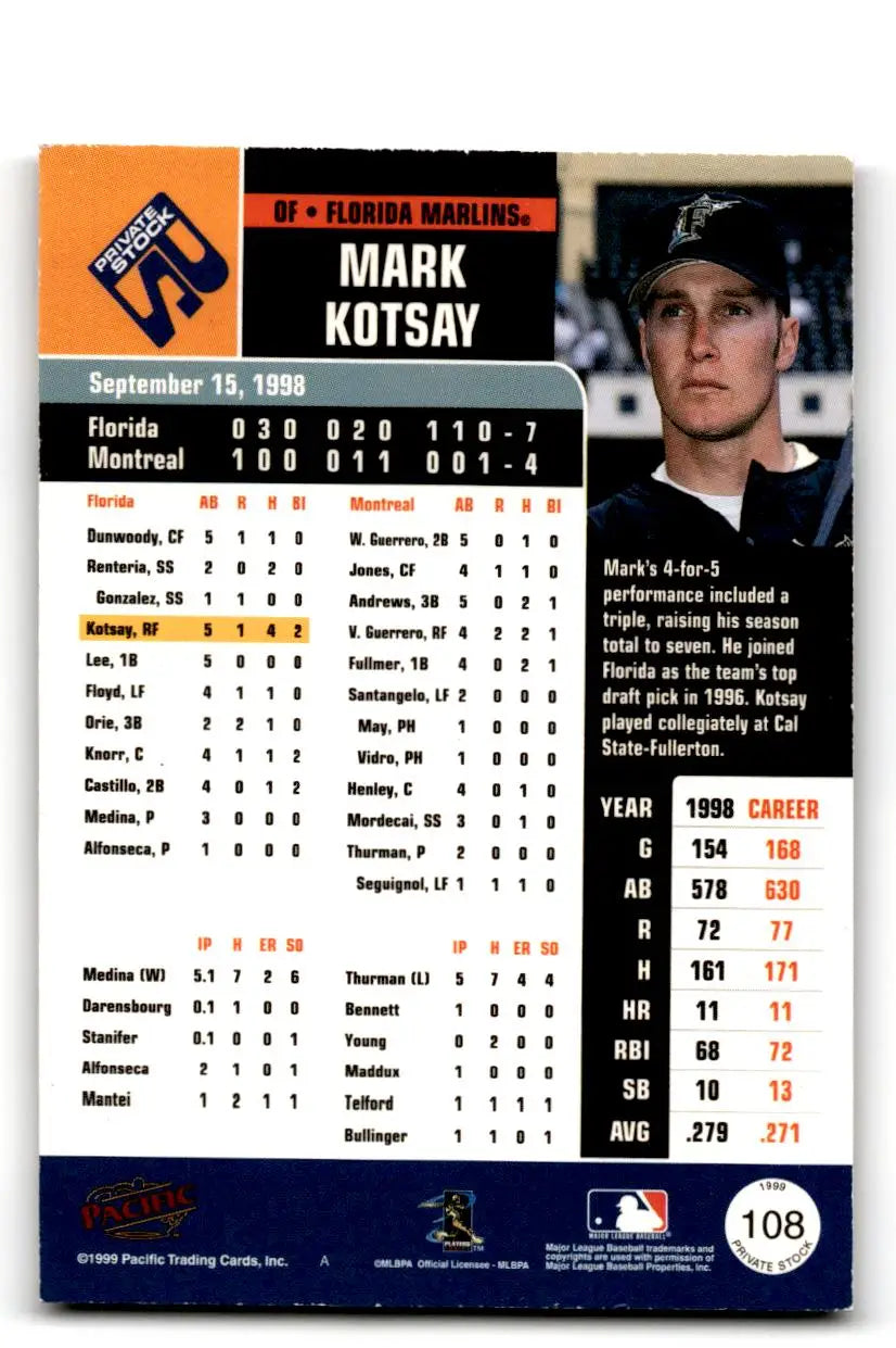 1999 Pacific Private Stock #108 Mark Kotsay - Baseball Card Single