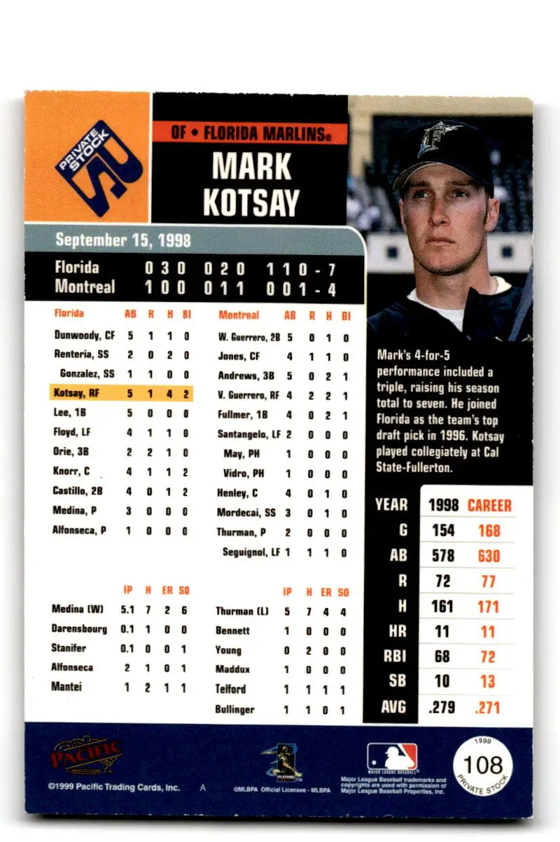 1999 Pacific Private Stock #108 Mark Kotsay - Baseball Card Single