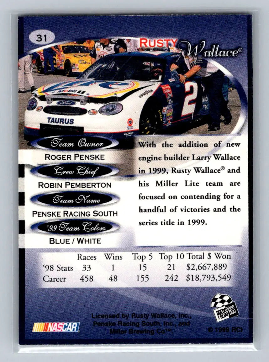 1999 Press Pass Premium #31 Rusty Wallace Penske Racing South - Racing Card Single