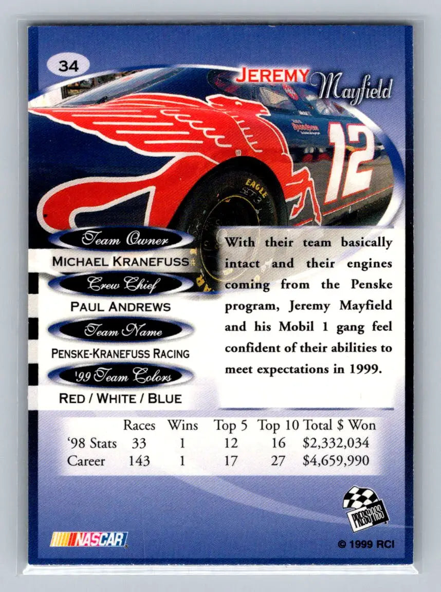 1999 Press Pass Premium #34 Jeremy Mayfield Penske-Kranefuss Racing - Racing Card Single