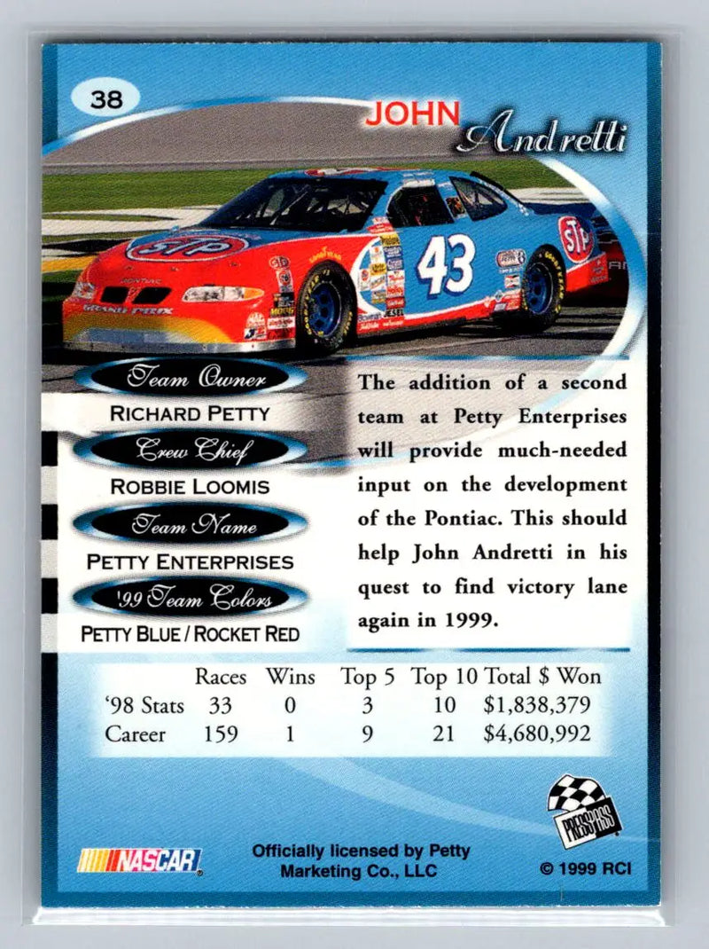 1999 Press Pass Premium #38 John Andretti Petty Enterprises - Racing Card Single