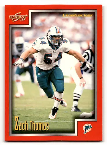 Zach Thomas football card with original gloss from 1999 Score #153 displayed by Simply Sandoval