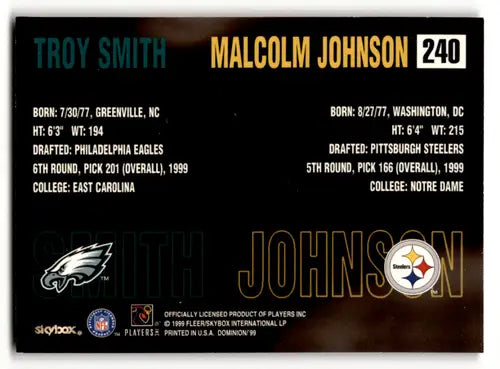 Football trading card featuring Troy Smith and Malcolm Johnson from SkyBox Dominion 1999