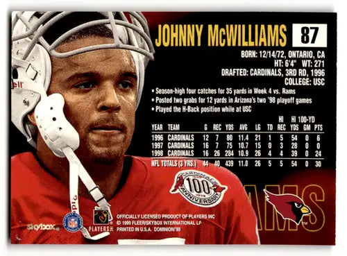 Johnny McWilliams football card from 1999 SkyBox Dominion with original gloss displayed