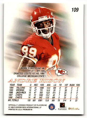 Original gloss SkyBox Premium Andre Rison football card from 1999 Chiefs series