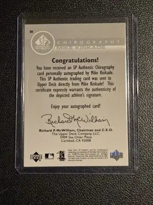 1999 SP Authentic #MK Mike Kinkade Chirography - Baseball Card Single