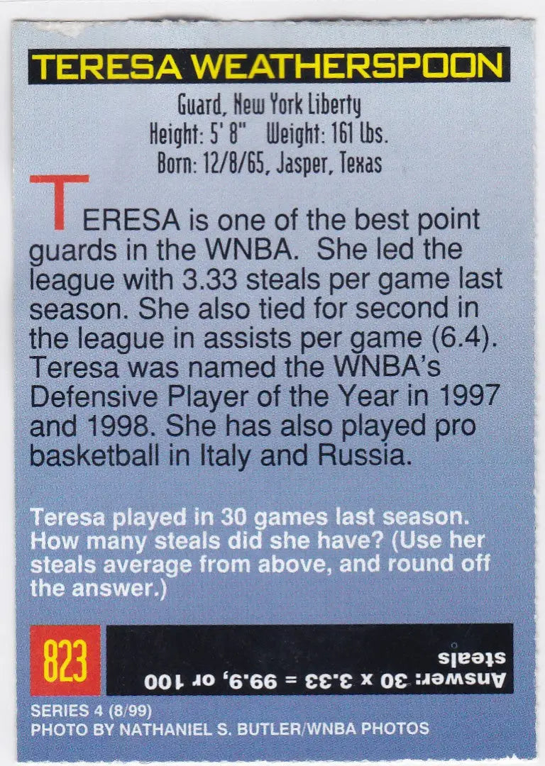 Basketball card of Teresa Weatherspoon Liberty from 1999 Sports Illustrated for Kids