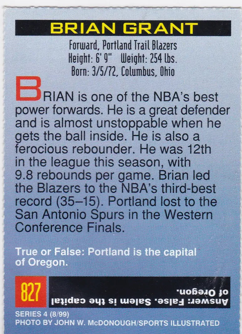Brian Grant Trailblazers basketball card from 1999 Sports Illustrated for Kids