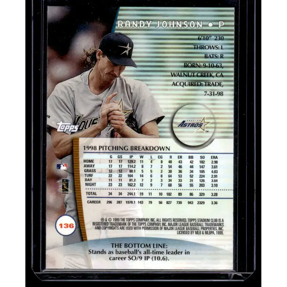 1999 Stadium Club #136 Randy Johnson EX/NM Houston Astros Baseball Card - Baseball Card Single