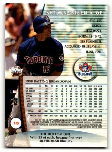 Original gloss Shawn Green baseball card featuring Toronto Blue Jays player from 1999 Stadium Club