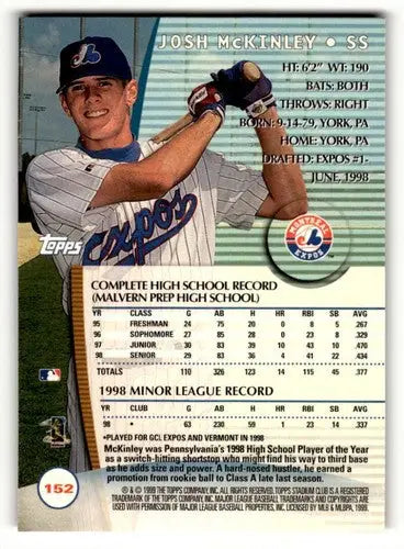 Original gloss Josh McKinley Montreal baseball card from 1999 Stadium Club series