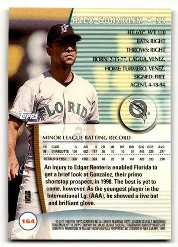 Original gloss of 1999 Stadium Club Alex Gonzalez Florida Marlins baseball card