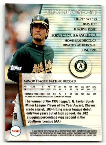 Original gloss Eric Chavez Oakland baseball card from 1999 Stadium Club #166 featuring Chavez Oakland Athletics