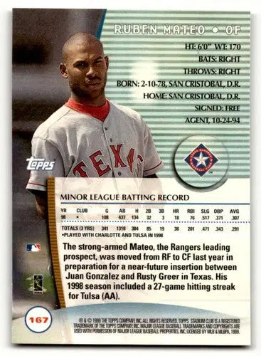 Original gloss Ruben Mateo Texas Rangers baseball card from 1999 Stadium Club series