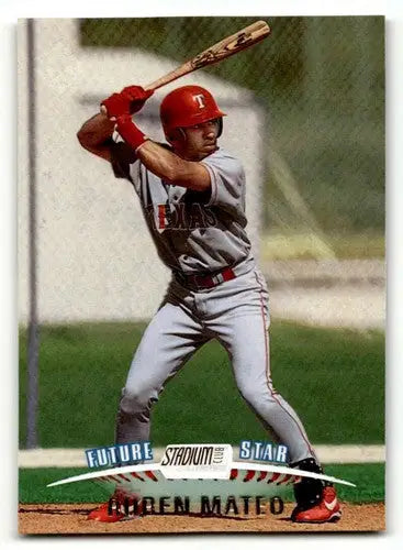 Original gloss baseball card of Ruben Mateo Texas Rangers displayed in 1999 Stadium Club series