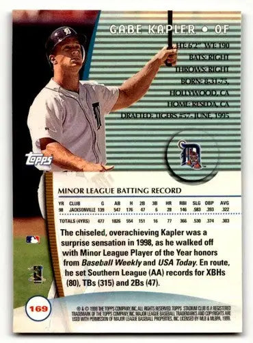 Original gloss Gabe Kapler Detroit baseball card featuring Kapler Detroit Tigers from 1999 Stadium Club
