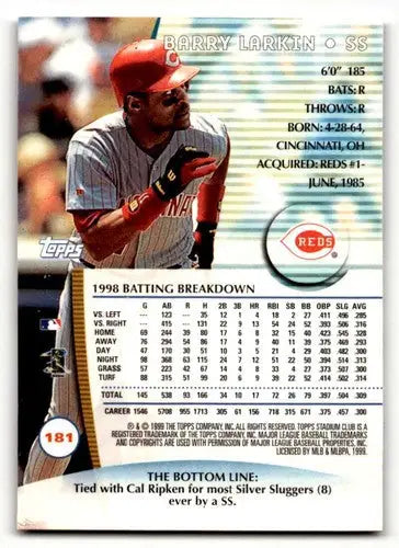 Original gloss Barry Larkin Cincinnati Reds baseball card from 1999 Stadium Club series