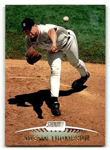 Baseball card of Justin Thompson from Detroit Tigers baseball team, Tigers baseball cards