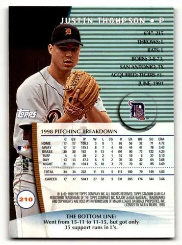Justin Thompson Detroit Tigers baseball card from 1999 Stadium Club #210 Tigers baseball cards