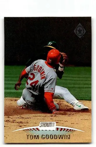 Original gloss Tom Goodwin Texas Rangers baseball card from 1999 Stadium Club #211