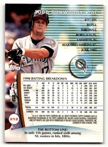 Original gloss Todd Dunwoody Florida Marlins baseball card in 1999 Stadium Club set
