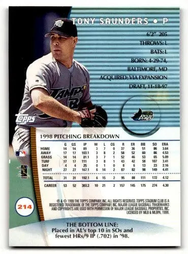 Original gloss Tony Saunders Tampa Bay baseball card from 1999 Stadium Club #214