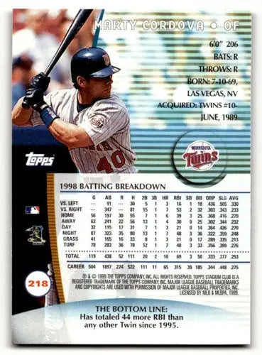 Original gloss Marty Cordova Minnesota Twins baseball card from 1999 Stadium Club