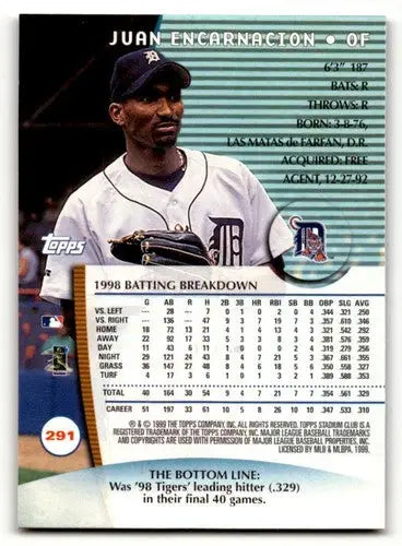 Baseball card back with original gloss for Juan Encarnacion Detroit Tigers Stadium Club card